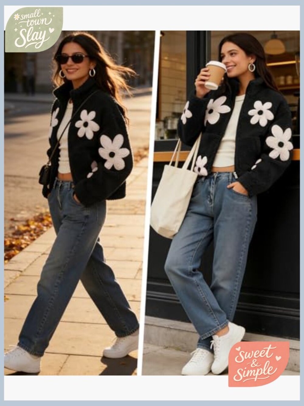 Floral Sherpa Fleece Jacket Cropped Zip Up Long Sleeve Winter Coat - Picture 4 of 7